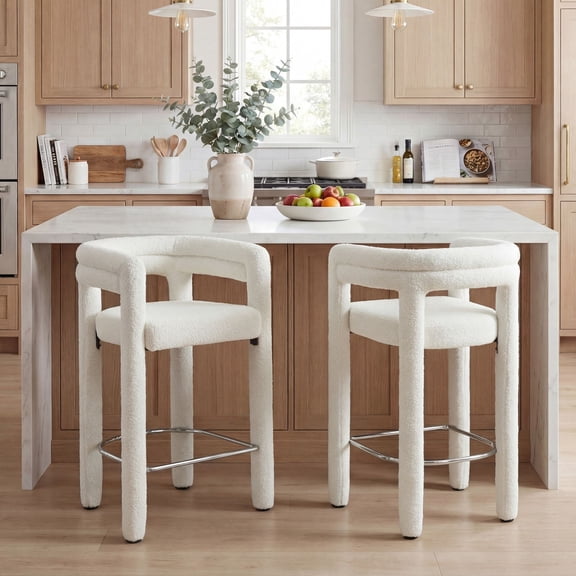 Dayalane 26" Counter Height Bar Stools Set of 2, Modern Sherpa Barrel Barstools with Back and Armrests, Stainless Steel Footrest for Kitchen Island, White
