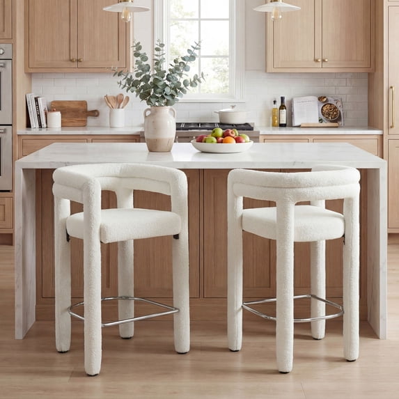 Dayalane 26" Counter Height Bar Stools Set of 2, Modern Sherpa Barrel Barstools with Back and Armrests, Stainless Steel Footrest for Kitchen Island, White