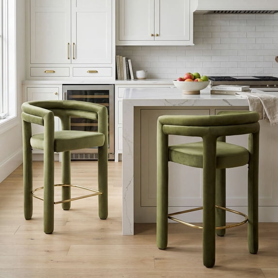Dayalane 26" Counter Height Bar Stools Set of 2, Modern Velvet Barrel Barstools with Back and Armrests, Stainless Steel Gold Footrest for Kitchen Island, Green