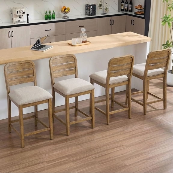 Dayalane 26" Counter Height Bar Stools Set of 4, Farmhouse Wooden Bar Stools with Ladder Back, Chenille Upholstered Kitchen Island Chairs for for Island Bar Island Cafe Kitchen, Brown