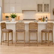 Dayalane 26" Counter Height Bar Stools Set of 4, Farmhouse Wooden Bar Stools with Ladder Back, PU leather Upholstered Kitchen Island Chairs for for Island Bar Island Cafe Kitchen, Brown