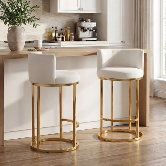 Dayalane 26" Counter Height Bar Stools Set of 2, Modern Velvet Upholstered Bar Chairs with Barrel Back, Gold Metal Frame for Kitchen Island, Beige