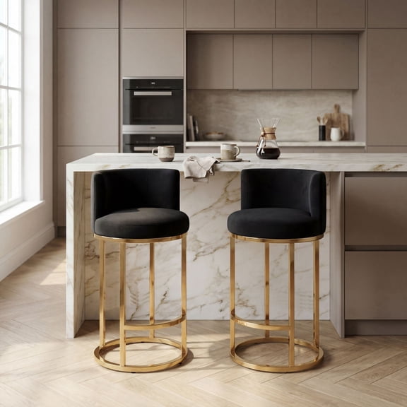 Dayalane 26" Counter Height Bar Stools Set of 2, Modern Velvet Upholstered Bar Chairs with Barrel Back, Gold Metal Frame for Kitchen Island, Black