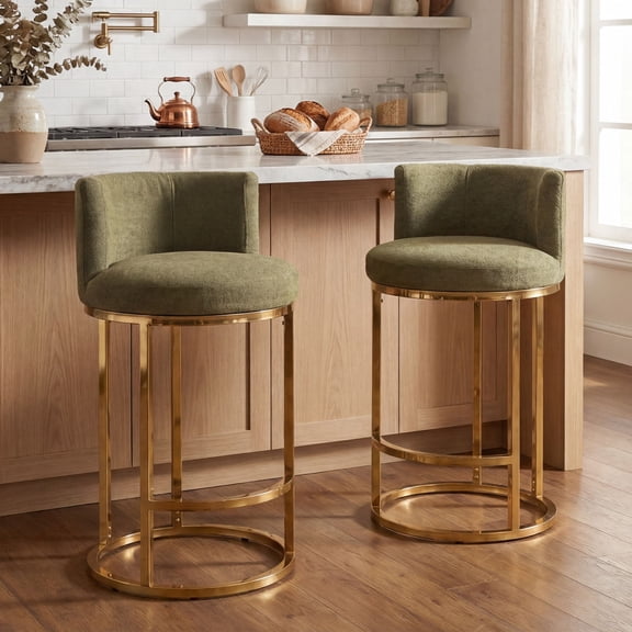 Dayalane 26" Counter Height Bar Stools Set of 2, Modern Velvet Upholstered Bar Chairs with Barrel Back, Gold Metal Frame for Kitchen Island, Green
