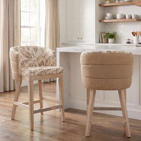 Dayalane 26" Counter Height Barstools Set of 2, Farmhouse 2-Tone Linen Upholstered Barstools with Curved Channel Stitch Backrest,Washed Wooden Kitchen Island Chairs for Kitchen Pub, Floral Pattern