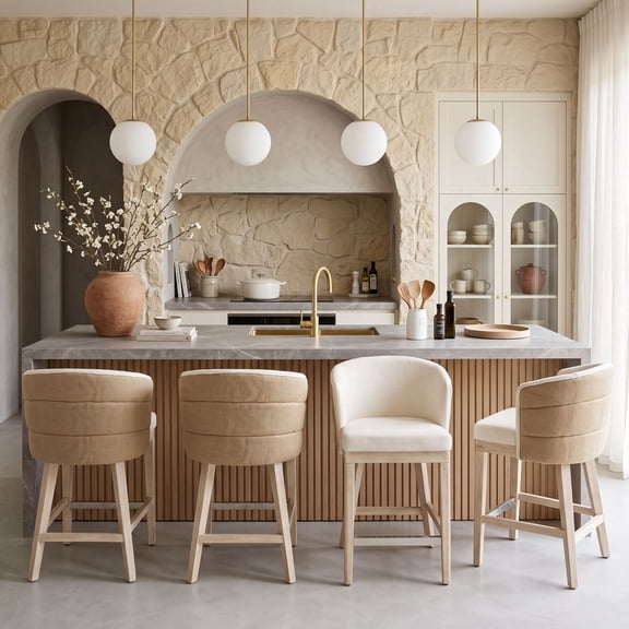 Dayalane 26" Counter Height Barstools Set of 4, Farmhouse 2-Tone Linen Upholstered Barstools with Curved Channel Stitch Backrest,Washed Wooden Kitchen Island Chairs for Kitchen Pub, White Cream