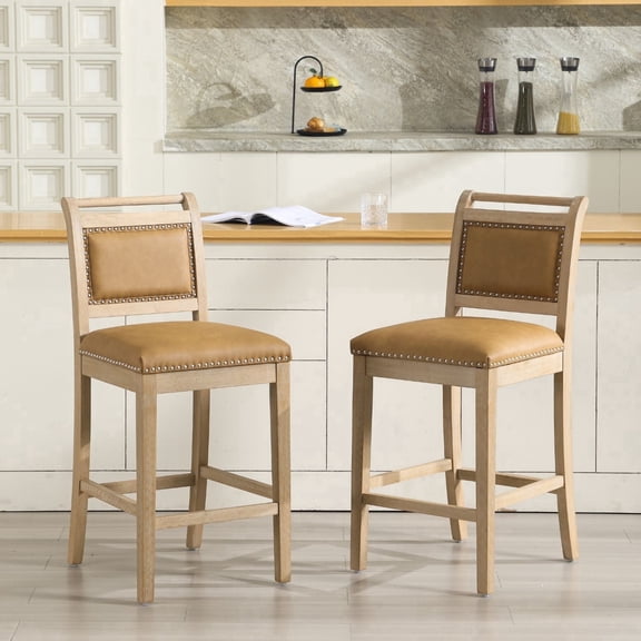 Dayalane 26" Farmhouse Counter Height Bar Stools Set of 2, Rustic French Wooden Barstools with Faux Leather Upholstered , Top Rail Nailhead Breakfast Bar Stool for Bar Kitchen Island Bistro, Brown
