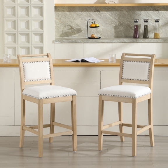 Dayalane 26" Farmhouse Counter Height Bar Stools Set of 2, Rustic French Wooden Barstools with Linen Fabric Upholstered , Top Rail Nailhead Breakfast Bar Stool for Bar Kitchen Island Bistro, Ivory