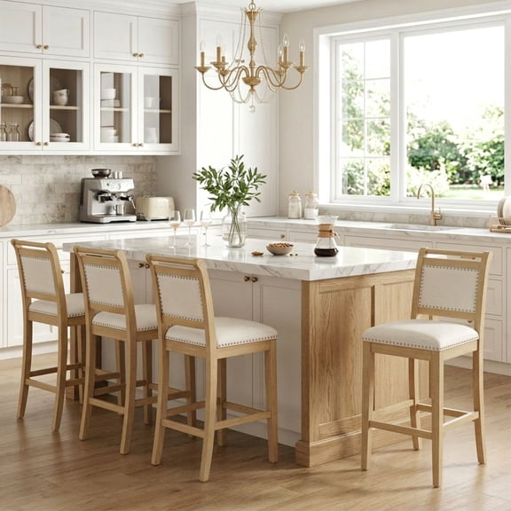 Dayalane 26" Farmhouse Counter Height Bar Stools Set of 4, Rustic French Wooden Barstools with Linen Fabric Upholstered , Top Rail Nailhead Breakfast Bar Stool for Bar Kitchen Island Bistro, Ivory