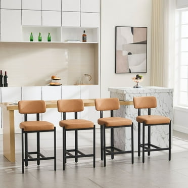 Dayalane 26" Modern Counter Stools Set of 2, Upholstered Leather Bar Stools with Metal Legs, Curved Back Barstools for Kitchen Island, Home Pub,Dining Room, Brown