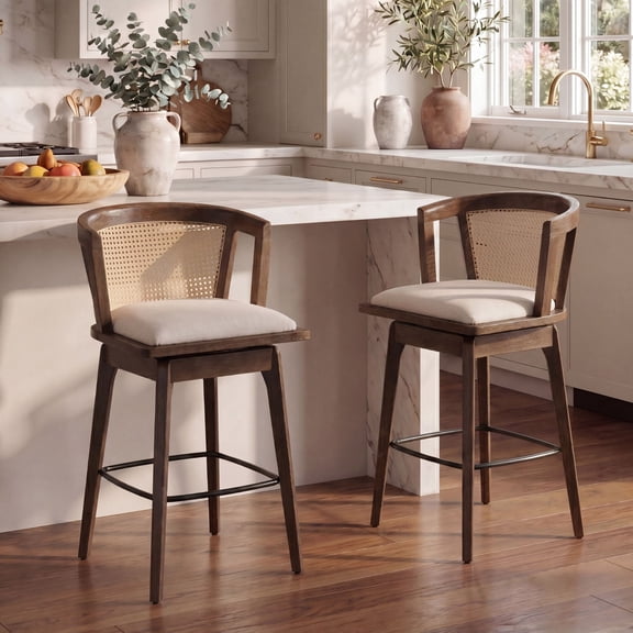 Dayalane 26" Modern Farmhouse Swivel Bar Stools Set of 2, Linen Upholstered Counter Height BarStools with Rattan Barrel Cane Back, Boho Oak Wooden Island Chairs for Dining Kitchen Bistro Pub, Walnut