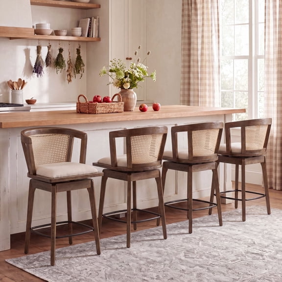 Dayalane 26" Modern Farmhouse Swivel Bar Stools Set of 4, Linen Upholstered Counter Height BarStools with Rattan Barrel Cane Back, Boho Oak Wooden Island Chairs for Dining Kitchen Bistro Pub, Walnut