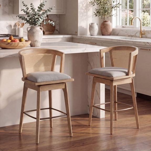 Dayalane 26" Modern Farmhouse Swivel Bar Stools Set of 2, Linen Upholstered Counter Height Barstools with Rattan Barrel Cane Back, Boho Oak Wooden Island Chairs for Dining Kitchen Bistro Pub, Gray