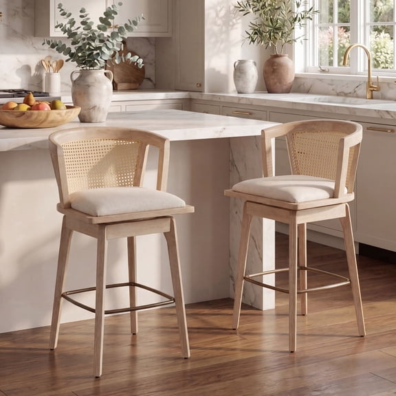 Dayalane 26" Modern Farmhouse Swivel Bar Stools Set of 2, Linen Upholstered Counter Height Barstools with Rattan Barrel Cane Back, Boho White Washed Oak Wooden Island Chairs for Kitchen Pub, Beige