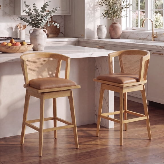 Dayalane 26" Modern Farmhouse Swivel Bar Stools Set of 2, PU Upholstered Counter Height Barstools with Rattan Barrel Cane Back, Boho Oak Wooden Island Chairs for Dining Kitchen Bistro Pub, Brown