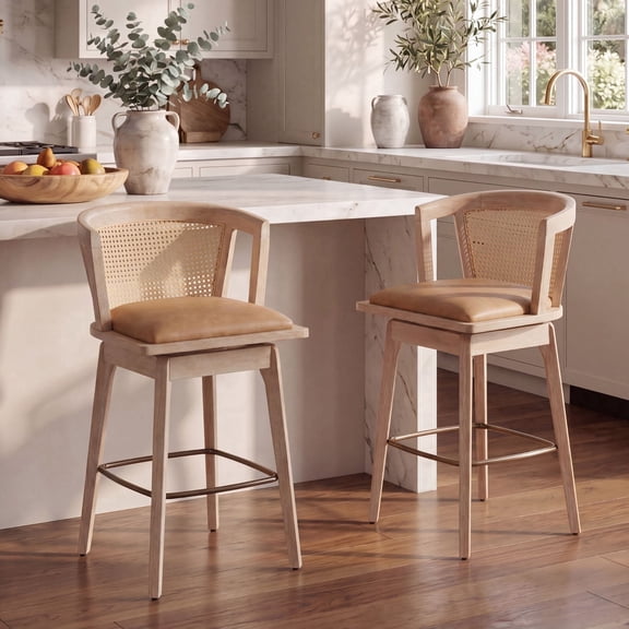 Dayalane 26" Modern Farmhouse Swivel Bar Stools Set of 2, PU Upholstered Counter Height Barstools with Rattan Barrel Cane Back, Boho White Washed Oak Wooden Island Chairs for Kitchen Pub, Brown