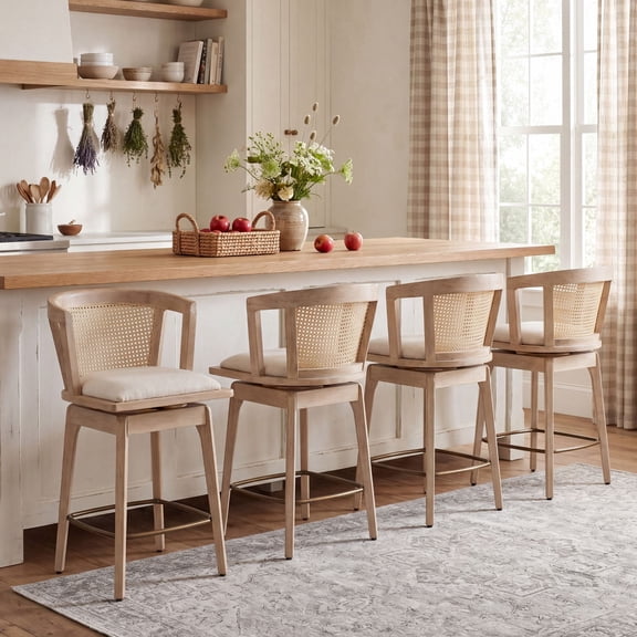 Dayalane 26" Modern Farmhouse Swivel Bar Stools Set of 4, Linen Upholstered Counter Height BarStools with Rattan Barrel Cane Back, Boho White Washed Oak Wooden Island Chairs for Kitchen Pub, Beige