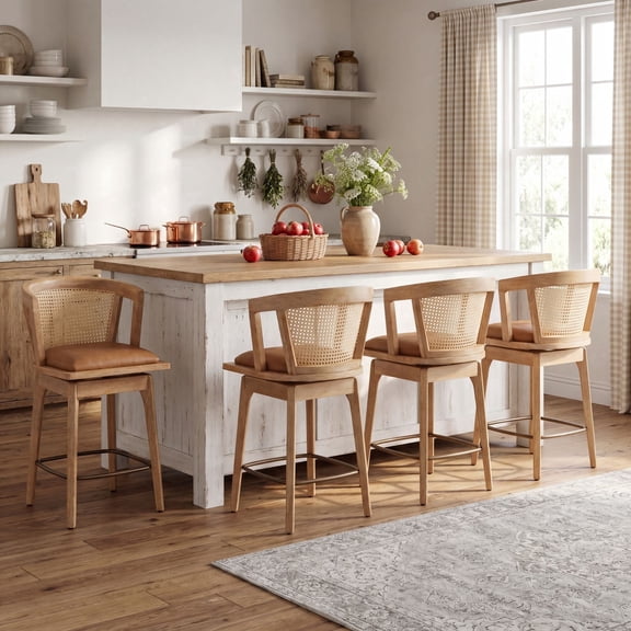 Dayalane 26" Modern Farmhouse Swivel Bar Stools Set of 4, PU Upholstered Counter Height Barstools with Rattan Barrel Cane Back, Boho Oak Wooden Island Chairs for Dining Kitchen Bistro Pub, Brown
