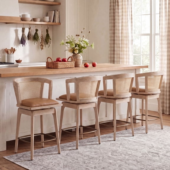 Dayalane 26" Modern Farmhouse Swivel Bar Stools Set of 4, PU Upholstered Counter Height Barstools with Rattan Barrel Cane Back, Boho White Washed Oak Wooden Island Chairs for Kitchen Pub, Brown