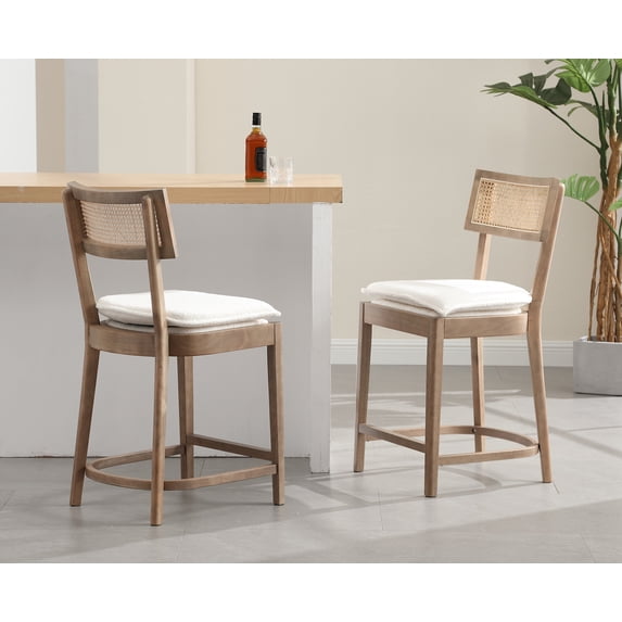 Dayalane Rattan Back Counter Height Bar Stools, Light Brown Wood + White Sherpa (Set of 2)
