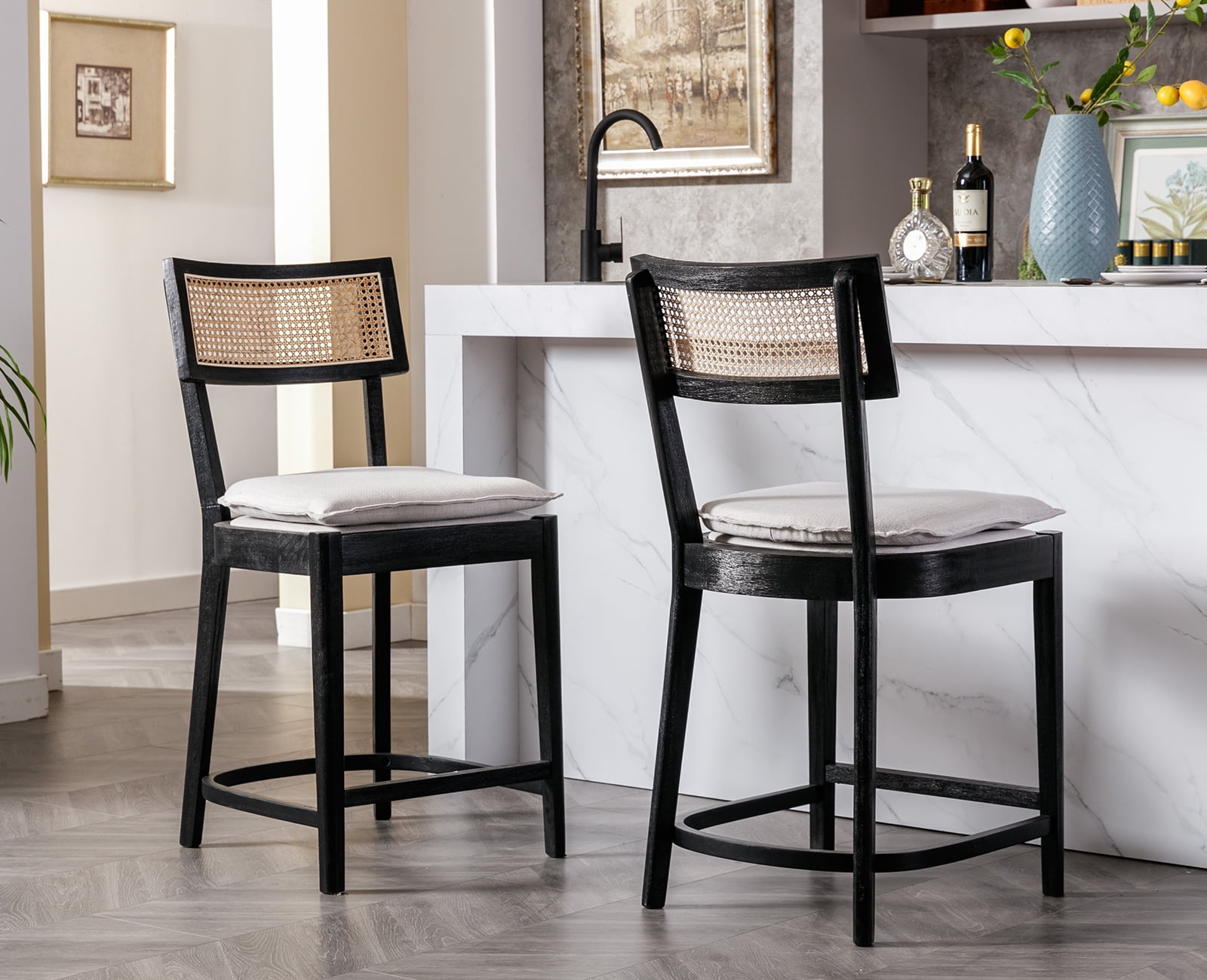 "Dayalane 26"" Rattan Back Wooden Bar Stools Set of 2, Kitchen Island Chairs with Footrest
