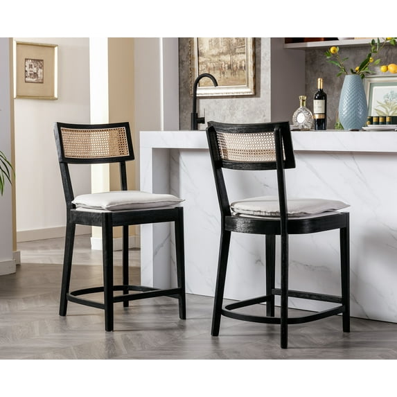 Dayalane 26" Rattan Back Counter Height Bar Stools Set of 2, Mid Century Wooden Kitchen Island Chairs with Footrest and Removable Cushion, Modern Barstools for Restaurant Bar, Black