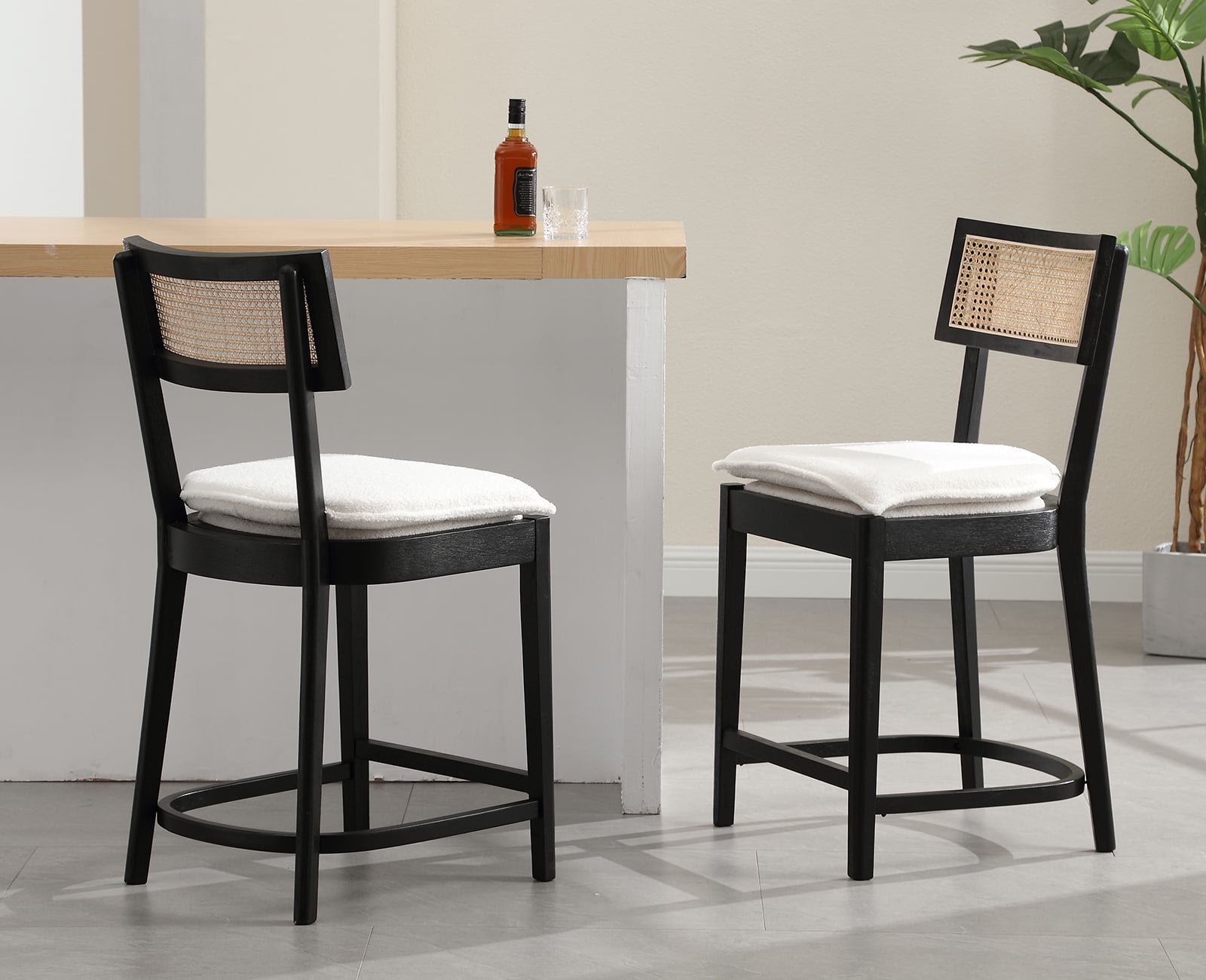Dayalane 26 Rattan Back Counter Height Bar Stools Set of 2 Mid Century Wooden Kitchen Island Chairs with Footrest and Removable Cushion Modern