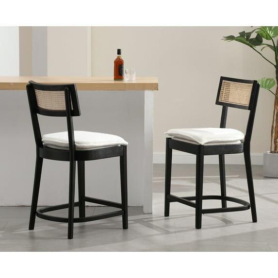 Dayalane 26" Rattan Back Counter Height Bar Stools Set of 2, Mid Century Wooden Kitchen Island Chairs with Footrest and Removable Cushion, Modern Barstools for Restaurant Bar, Black