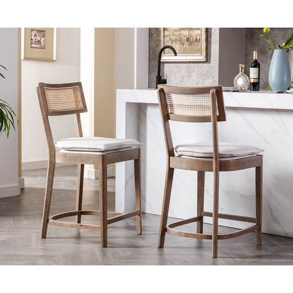 Dayalane 26" Rattan Back Counter Height Bar Stools Set of 2, Mid Century Wooden Kitchen Island Chairs with Footrest and Removable Cushion, Modern Tall Barstools for Restaurant Bar, Light Brown
