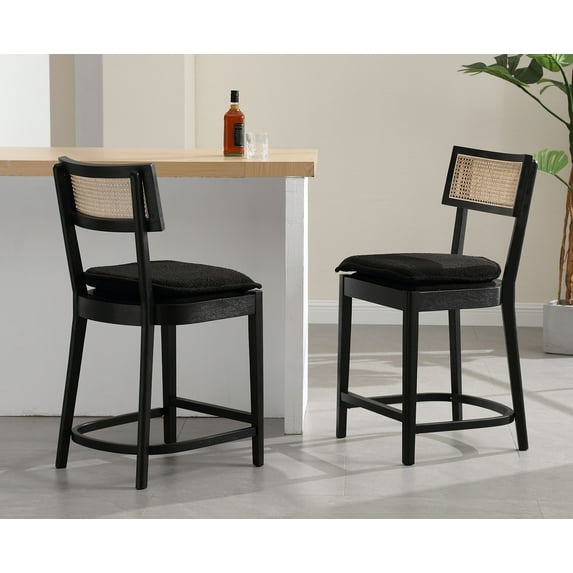 Dayalane 26" Rattan Back Counter Height Bar Stools Set of 2, Mid Century Wooden Kitchen Island Chairs with Footrest and Removable Cushion, Modern Barstools for Restaurant Bar, Black
