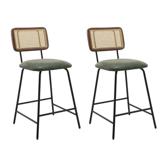 Dayalane 26" Rattan Bar Stools Set of 2, Modern PU Counter Height Barstools with Cane Back and Metal Legs, Armless Kitchen Island Chairs for Bar Kitchen Restaurant Bistro, Green