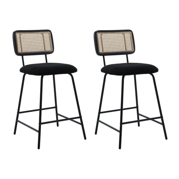 Dayalane 26" Rattan Bar Stools Set of 2, Modern Sherpa Counter Height Barstools with Cane Back and Metal Legs, Armless Kitchen Island Chairs for Bar Kitchen Restaurant Bistro, Black
