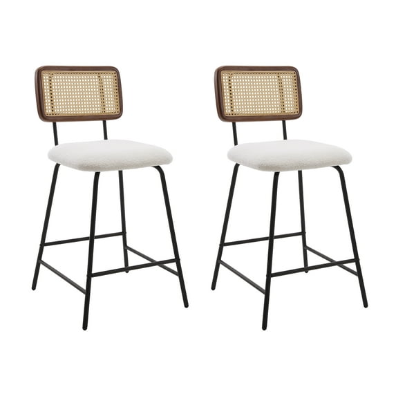 Dayalane 26" Rattan Bar Stools Set of 2, Modern Sherpa Counter Height Barstools with Cane Back, Kitchen Island Chairs for Bar Kitchen Restaurant Bistro, White