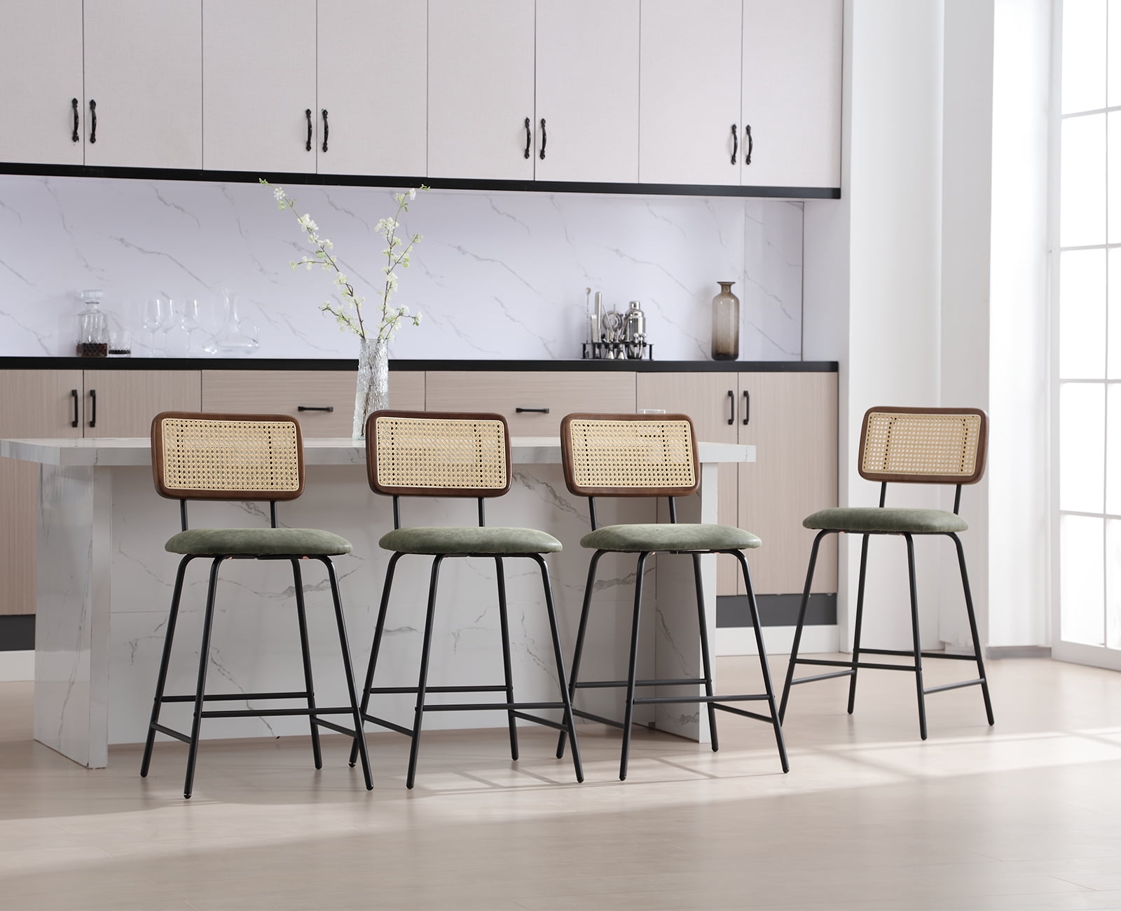 Dark Green Metal and Rattan Counter Height Bar Stools Set