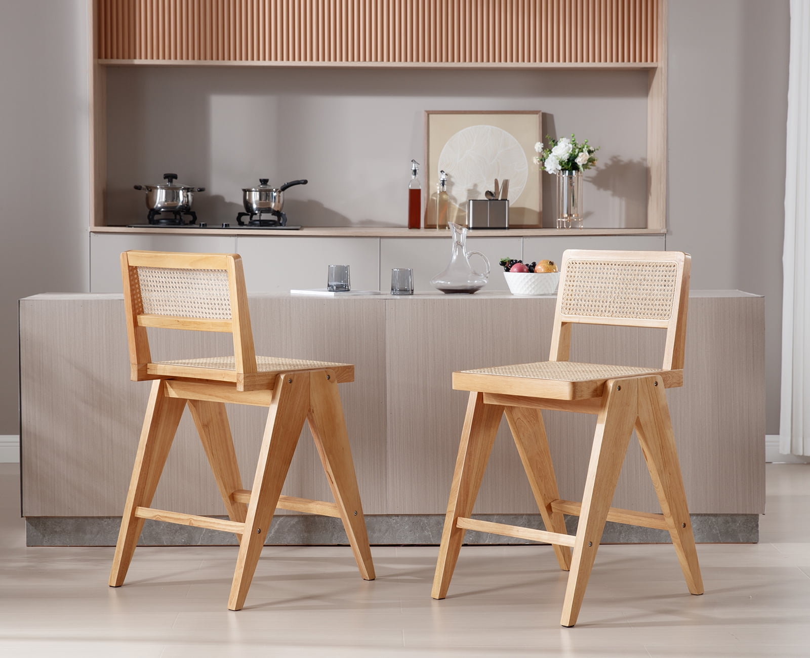 Dayalane 26" Rattan Counter Height Bar Stools Set of 2, French Bar Stools with Cane Back, Wooden Farmhouse Kitchen Chairs Counter Stools with Footrest for Kitchen Island Bistro Bar, Natural