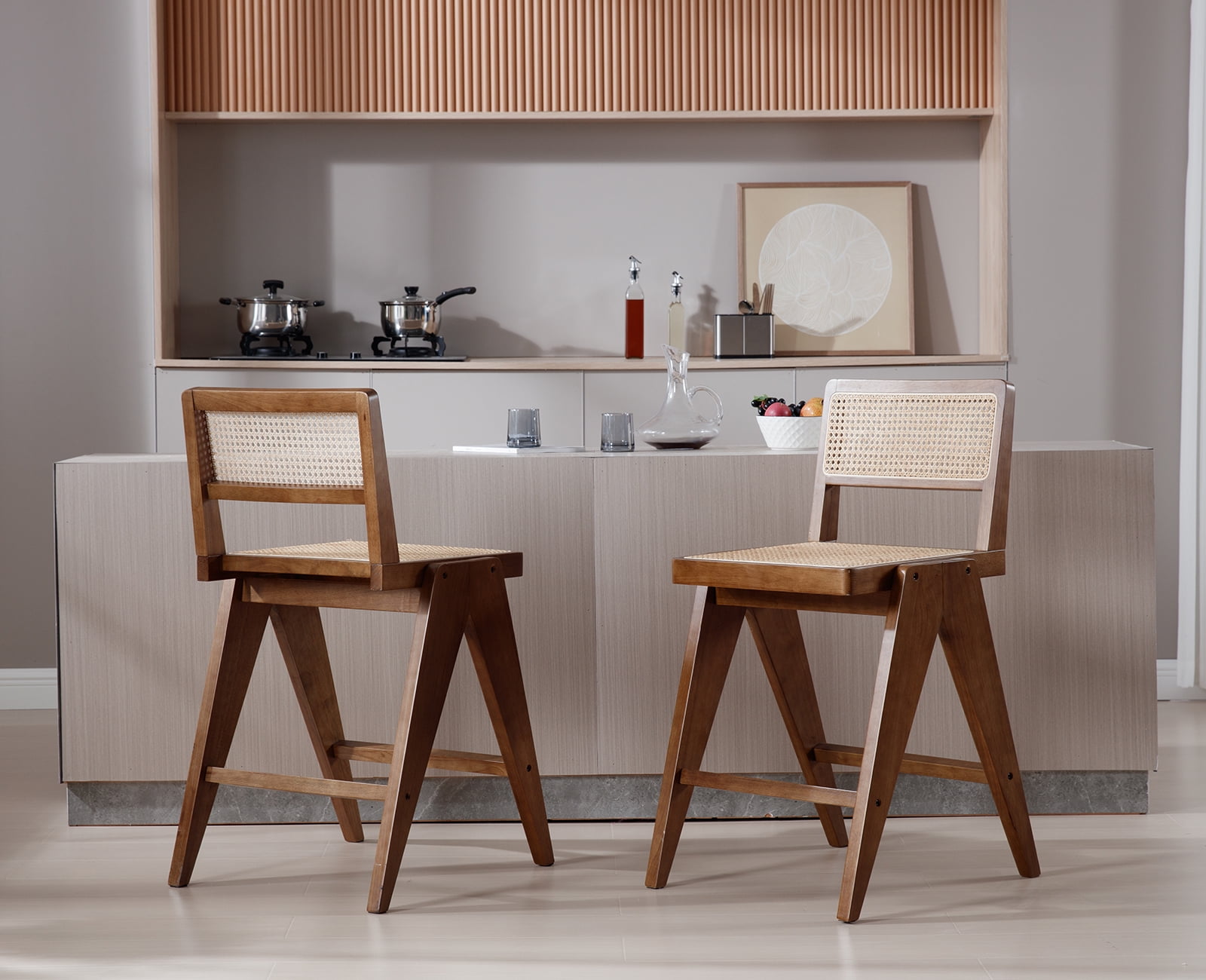 Dayalane 26" Rattan Counter Height Bar Stools Set of 2, French Bar Stools with Cane Back, Wooden Farmhouse Kitchen Chairs Counter Stools with Footrest for Kitchen Island Bistro Bar, Walnut