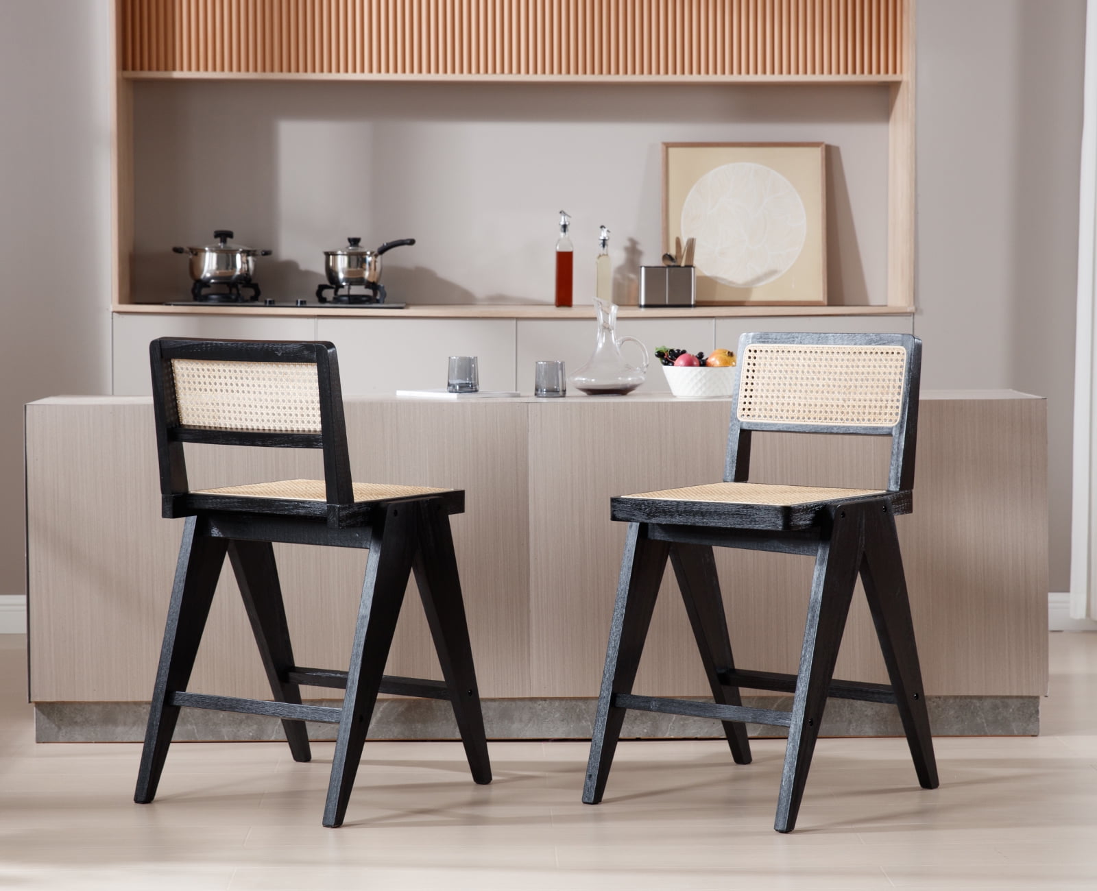 Dayalane 26" Rattan Counter Height Bar Stools Set of 2, French Bar Stools with Cane Back, Wooden Farmhouse Kitchen Chairs Counter Stools with Footrest for Kitchen Island Bistro Bar, Beige