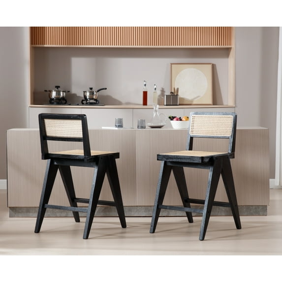 Dayalane 26" Rattan Counter Height Bar Stools Set of 2, French Bar Stools with Cane Back, Wooden Farmhouse Kitchen Chairs Counter Stools with Footrest for Kitchen Island Bistro Bar, Beige