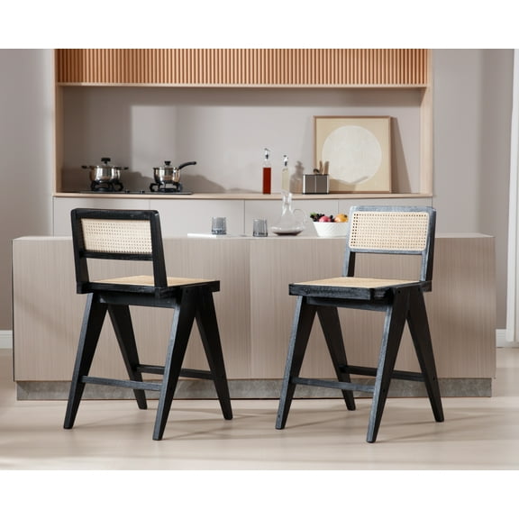 Dayalane 26" Rattan Counter Height Bar Stools Set of 2, French Bar Stools with Cane Back, Wooden Farmhouse Kitchen Chairs Counter Stools with Footrest for Kitchen Island Bistro Bar, Beige