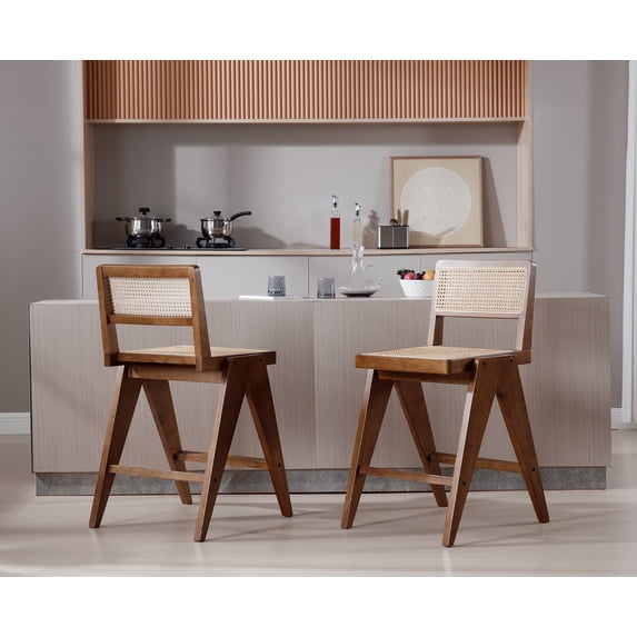Dayalane 26" Rattan Counter Height Bar Stools Set of 2, French Bar Stools with Cane Back, Wooden Farmhouse Kitchen Chairs Counter Stools with Footrest for Kitchen Island Bistro Bar, Walnut