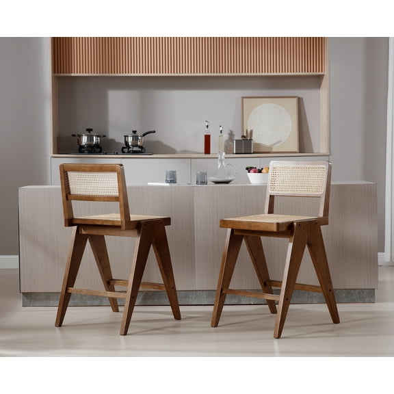 Dayalane 26" Rattan Counter Height Bar Stools Set of 2, French Bar Stools with Cane Back, Wooden Farmhouse Kitchen Chairs Counter Stools with Footrest for Kitchen Island Bistro Bar, Walnut
