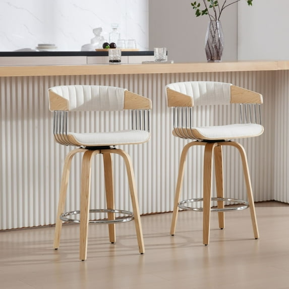 Dayalane 26" Swivel Bar Stools Set of 2, Modern Linen Upholstered Counter Stools Solid Wood Stool for Kitchen Counter, Home Bars Height Stools, Beige