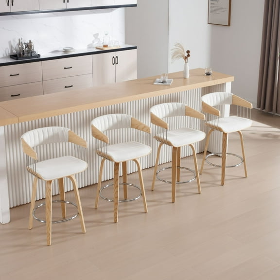 Dayalane 26" Swivel Bar Stools Set of 4, Modern Linen Upholstered Counter Stools Solid Wood Stool for Kitchen Counter, Home Bars Height Stools, Beige