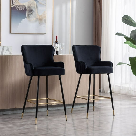 Dayalane 26" Velvet Bar Stools Set of 2, Modern Wingback Counter Height Stools with Gold Footrest for Kitchen Island, Dining Room, Home Bar, Black