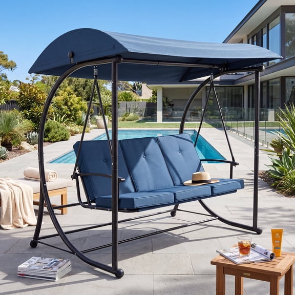 Dayalane 3 Person Porch Swing with Adjustable Canopy and Stand, 2-in-1 Convertible Outdoor Patio Swing Bed with Removable Cushions, All-Weather Yard Bench, Blue