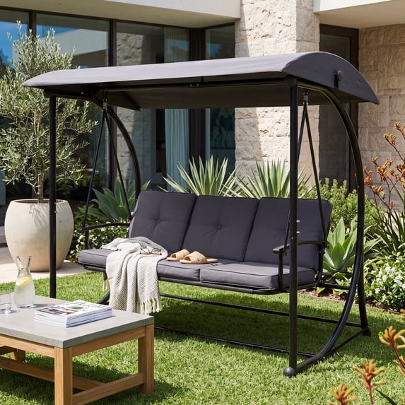 Dayalane 3 Person Porch Swing with Adjustable Canopy and Stand, 2-in-1 Convertible Outdoor Patio Swing Bed with Removable Cushions, All-Weather Yard Bench, Gray