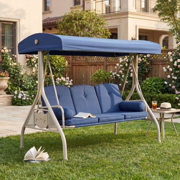 Dayalane 3-Seat Patio Porch Swing with Canopy, 2-in-1 Convertible Outdoor Swing Bed for Adults, Heavy Duty All-Weather Metal Swing Chair with Cup Holders Pillows for Backyard, Garden,Blue