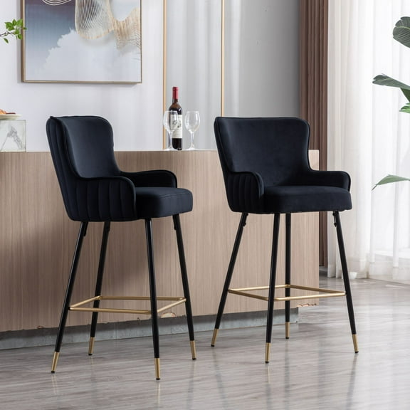 Dayalane 30" Velvet Bar Stools Set of 2, Modern Wingback Counter Height Stools with Gold Footrest for Kitchen Island, Dining Room, Home Bar, Black