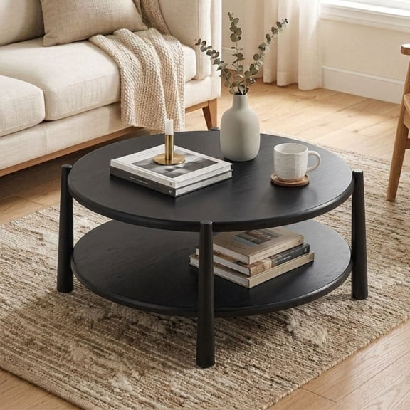 Dayalane 34.5" Mid-Century Modern Round Coffee Table Shelf, 2-Tier Center Table with Solid Wood Frame, Farmhouse Circle Coffee Table for Living Room Office, Black