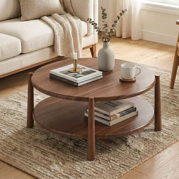 Dayalane 34.5" Mid-Century Modern Round Coffee Table Shelf, 2-Tier Center Table with Solid Wood Frame, Farmhouse Circle Coffee Table for Living Room Office, Walnut Brown